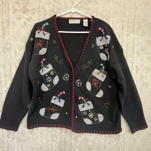 Carolyn Taylor Beaded Christmas Holiday Cardigan Sweater Sz L Embellished Pearls